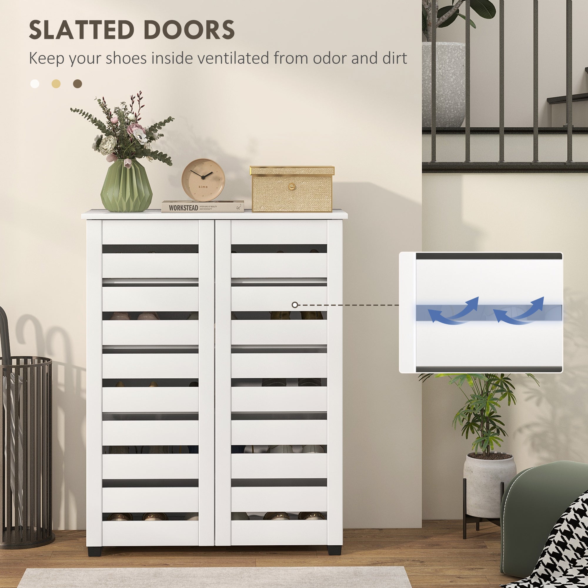HOMCOM Narrow Shoe Cabinet for Entryway, 5-Tier Slim Shoe Storage Cabinet with 2 Slatted Doors and Adjustable Shelves 