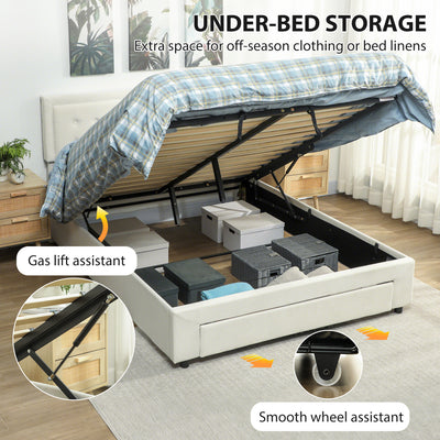 HOMCOM King Size Ottoman Bed Frame, with Front Drawer - Cream 