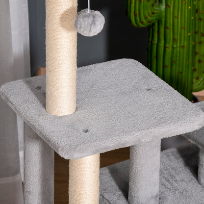PawHut Cat Tree Tower for Indoor Cats 114cm Climbing Activity Centre Kitten with Sisal Scratching Post Perch Hanging Ball Condo Toy Light Grey 