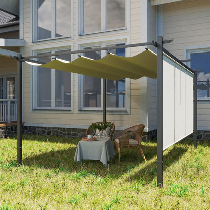 Outsunny 3 x 4m Metal Pergola with Retractable Roof and Roller Shade, Wall-Mounted or Free Standing Garden Gazebo Canopy Pergola Kit, UPF30+ Outdoor Sun Shade Shelter, Beige 