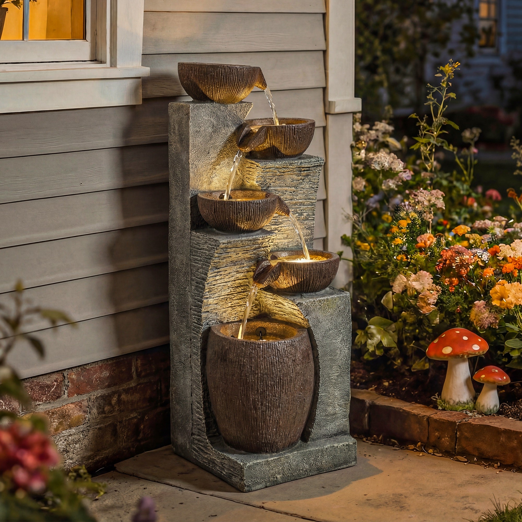 Outsunny Outdoor Fountain with 5-Tier, Garden Fountain with LED Lights, Adjustable Flow, Grey and Rustic Brown 