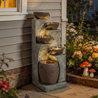 Outsunny Outdoor Fountain with 5-Tier, Garden Fountain with LED Lights, Adjustable Flow, Grey and Rustic Brown 