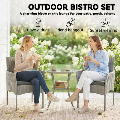 Outsunny 3 Piece Rattan Bistro Set, PE Wicker Garden Furniture Conversation Set with 2 Tier Glass-Top Table, Chairs, Dark Grey 