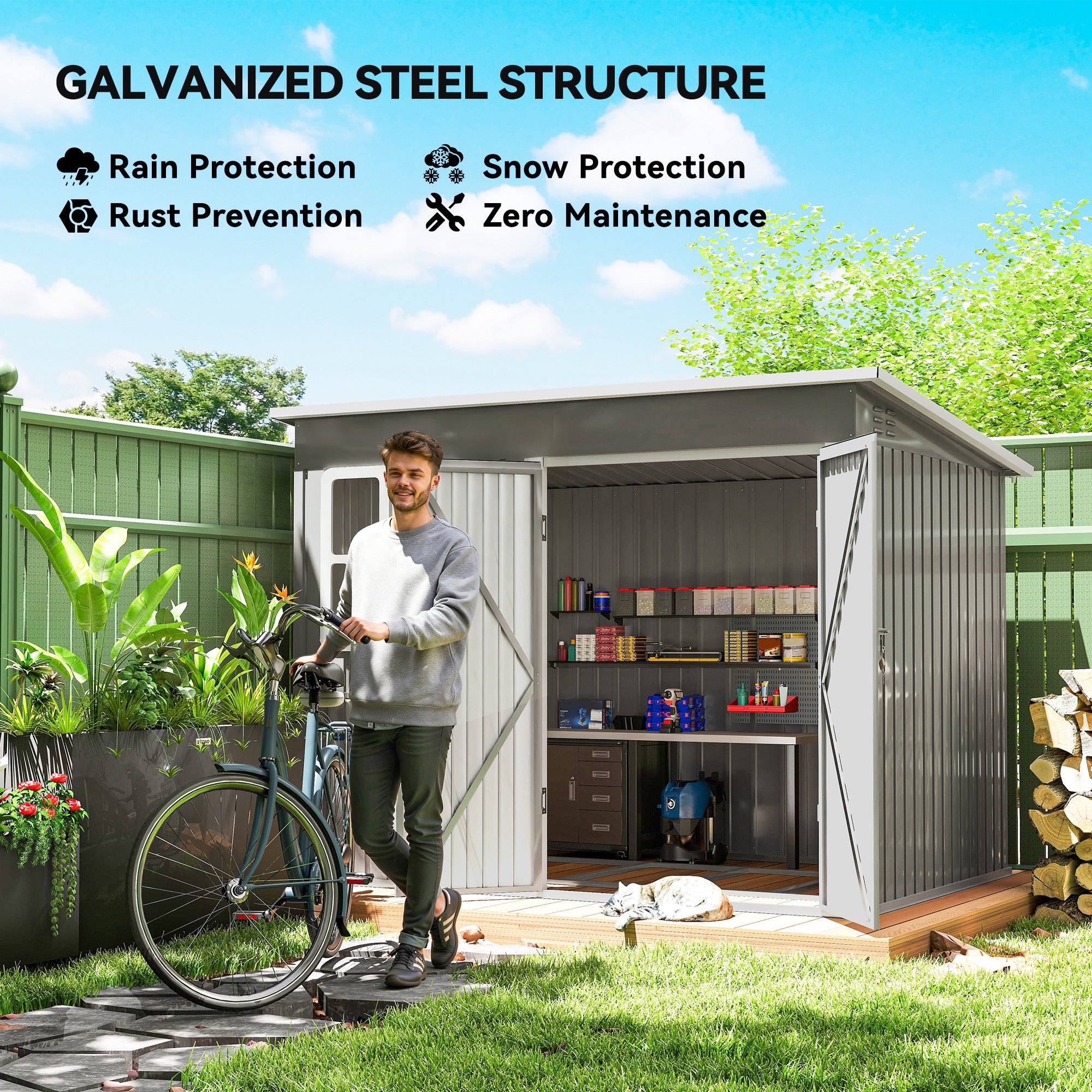 Outsunny 8.5 x 6ft Storage Shed Galvanised Steel Garden Shed, Metal Shed with Foundation Kit, Window, Lockable Wide Doors and Air Vents for Outdoor Patio, Light Grey 