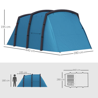 Outsunny Inflatable 3-4 Man Tunnel Tent w/ Air Pump, Living Area & Vestibule, Waterproof Family Camping Air Tent w/ Sewn In Groundsheet & Removable Footprint for Camping, Hiking, Blue 