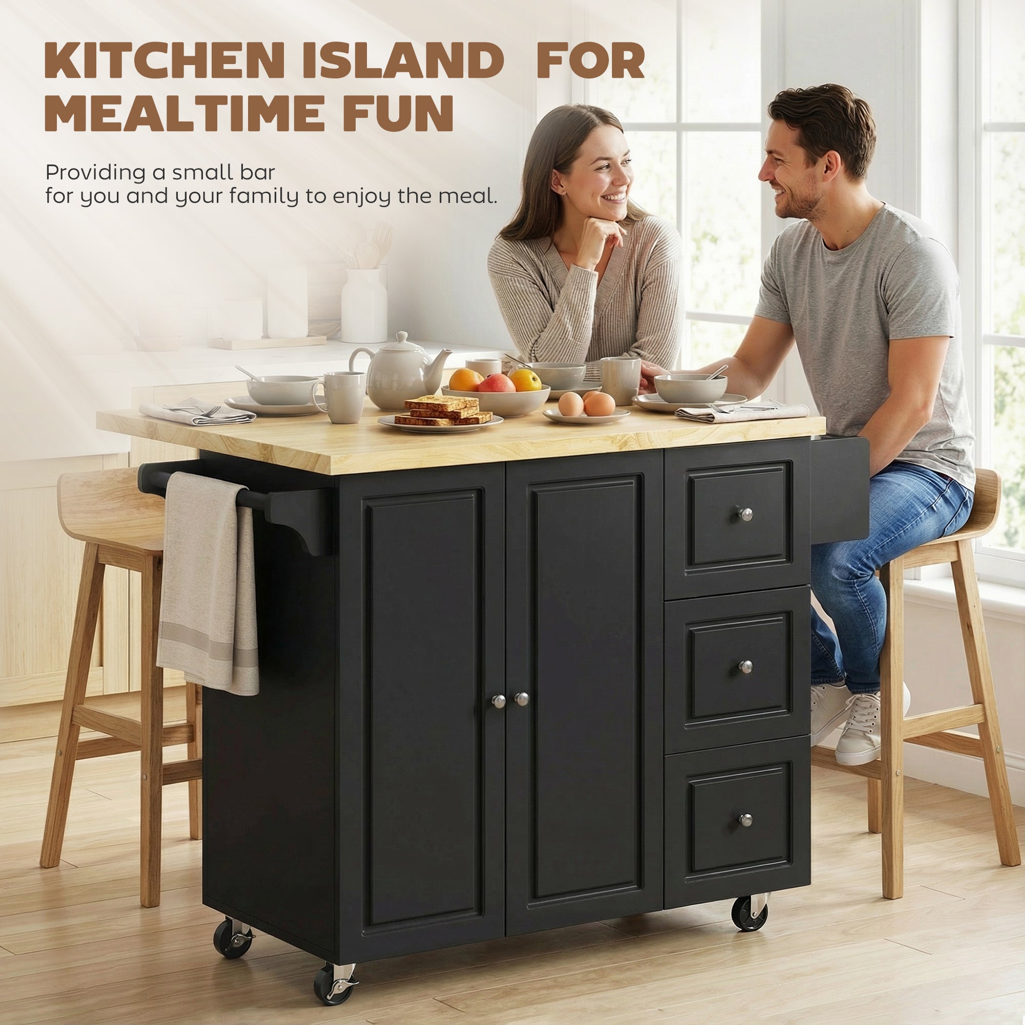 HOMCOM Kitchen Island on Wheels, Rolling Kitchen Storage Trolley with Drop Leaf, Drawers, Towel and Spice Rack, Black 