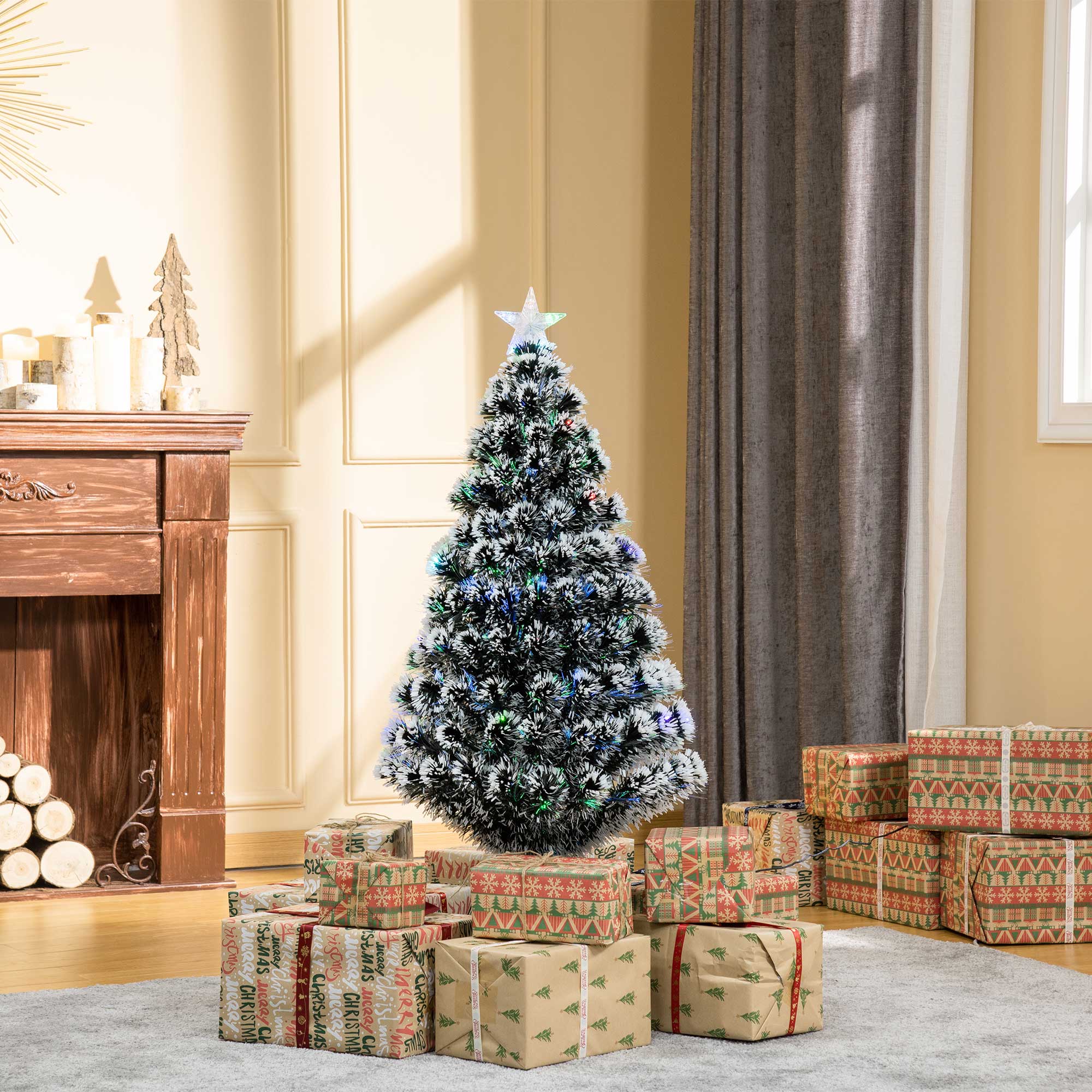 HOMCOM 4ft Artificial Prelit Christmas Tree, Snow Xmas Tree with Colourful LED Lighting Fiber Optics, Green White 