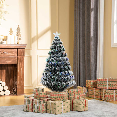 HOMCOM 4ft Artificial Prelit Christmas Tree, Snow Xmas Tree with Colourful LED Lighting Fibre Optics, Green White