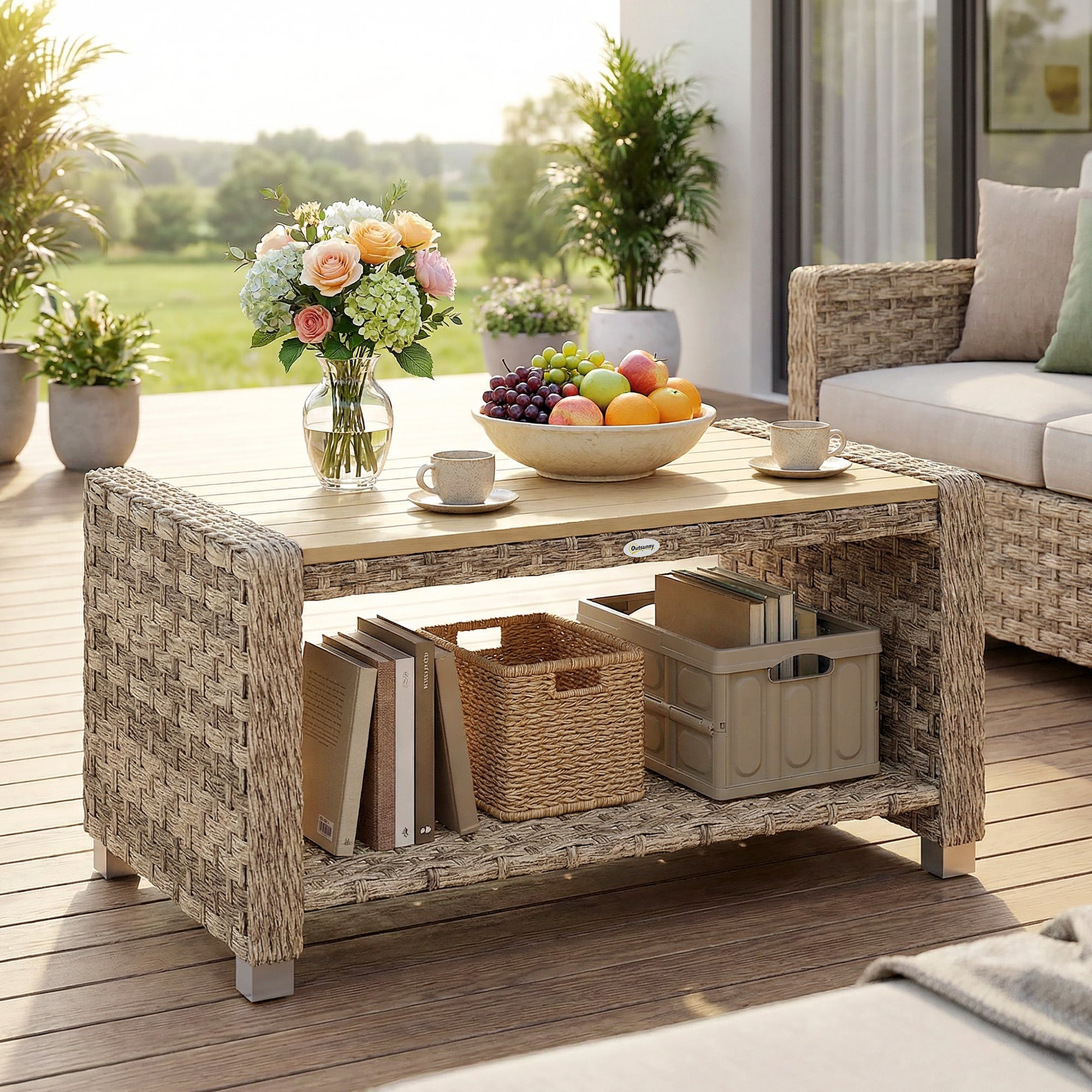 Outsunny Outdoor Coffee Table with Storage Shelf, PE Rattan Side Table with Slatted Top and Foot Pads, Light Brown 