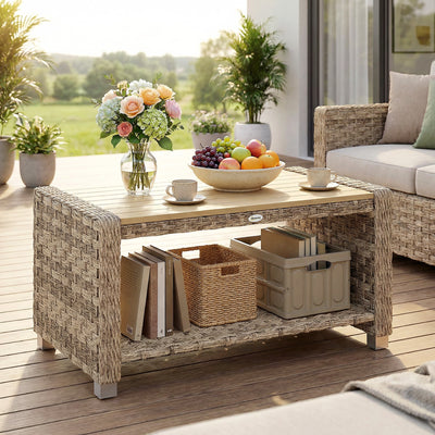 Outsunny Outdoor Coffee Table with Storage Shelf, PE Rattan Side Table with Slatted Top and Foot Pads, Light Brown 