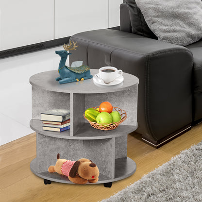 HOMCOM Round Coffee Table with Wheels, 3-Tier Rolling Side Table for Living Room with Divided Shelves, Cement Colour 