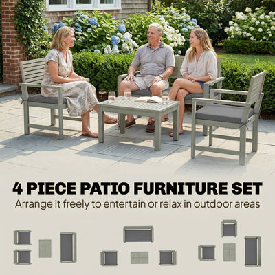 Outsunny 4 Seater Wooden Garden Furniture Set with Loveseat, Armchairs, Table, Acacia Wood Garden Sofa Set, Light Grey 