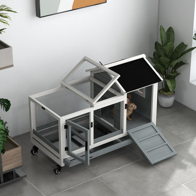 PawHut Wooden Rabbit Hutch, Guinea Pig Cage, with Removable Tray, Wheels - Grey 