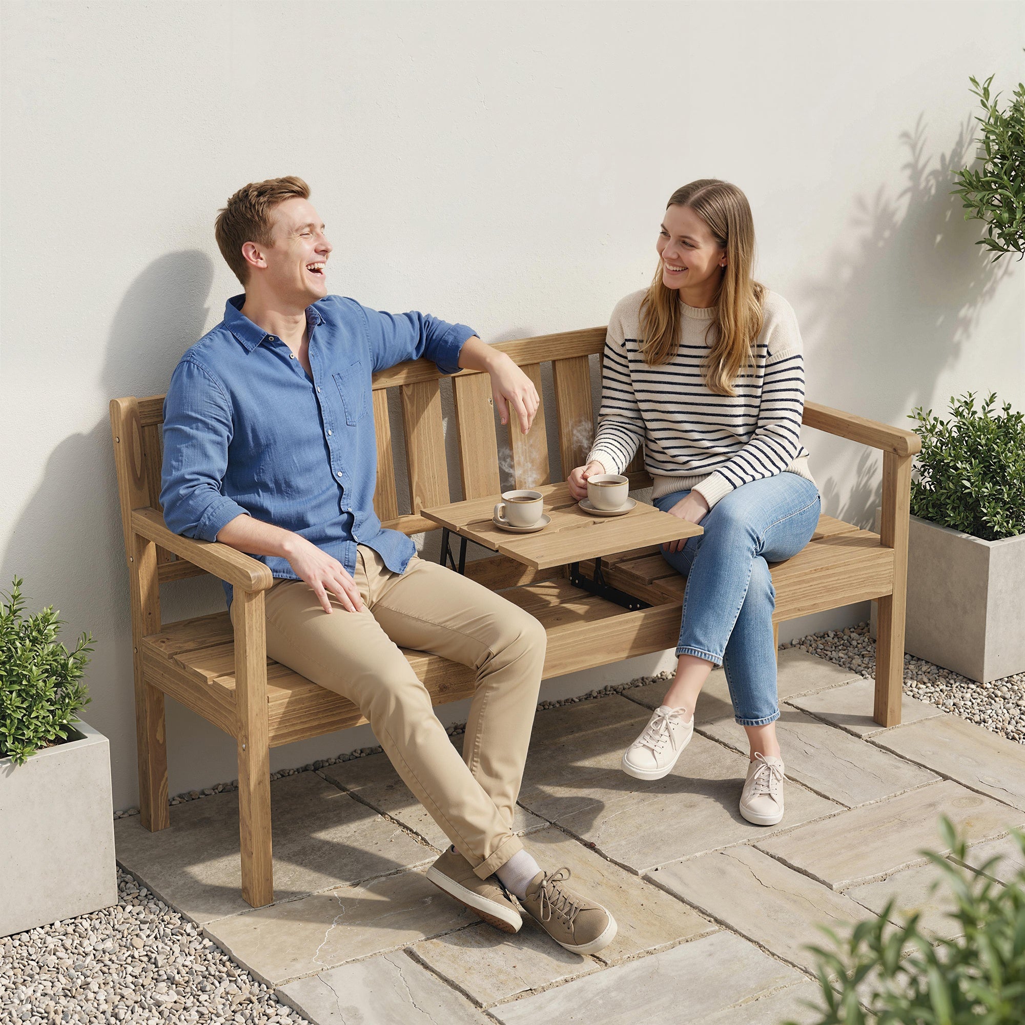 Outsunny Wooden Garden Bench with Liftable Table & Shelf, 2-3-Seater Outdoor Loveseat with Fir Wood Frame, Teak 