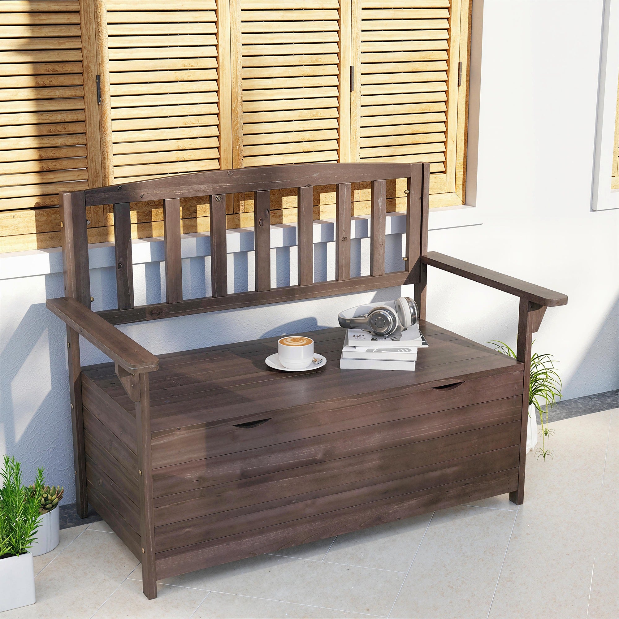 Outsunny Outdoor 2 Seater Garden Bench, Wooden Bench with Storage, Backrest, Arm Rests, 112 x 84 x 58 cm, Brown 