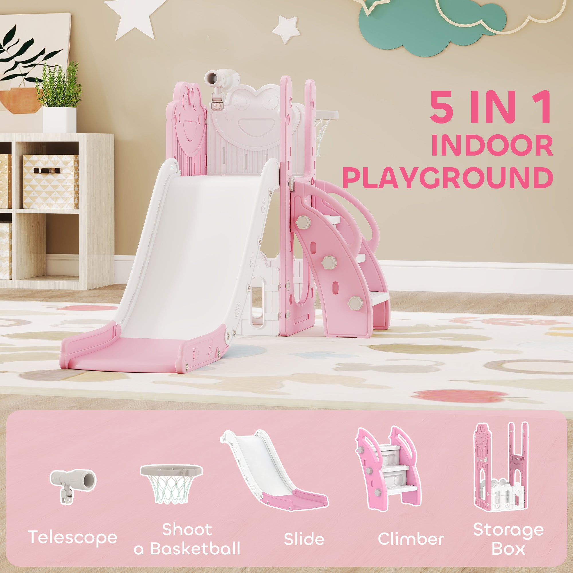 AIYAPLAY 5 in 1 Kids Slide Set with Basketball Hoop, Climbing Frame, Telescope, Storage Box for Toddlers Ages 1-3, Pink 