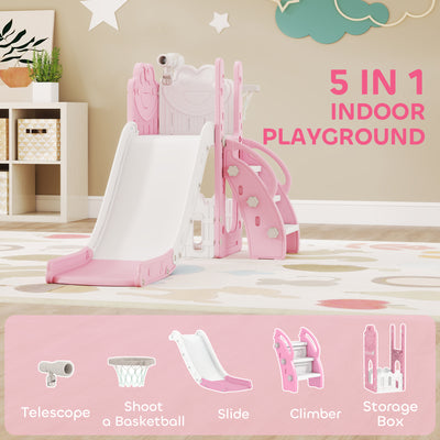 AIYAPLAY 5 in 1 Kids Slide Set with Basketball Hoop, Climbing Frame, Telescope, Storage Box for Toddlers Ages 1-3, Pink 
