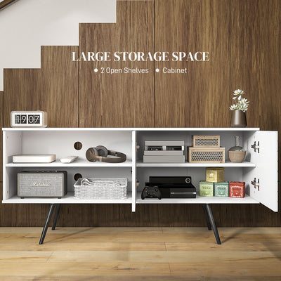HOMCOM TV Stand with Cupboard, Open Shelves, Striped Doors, Wooden legs, White 