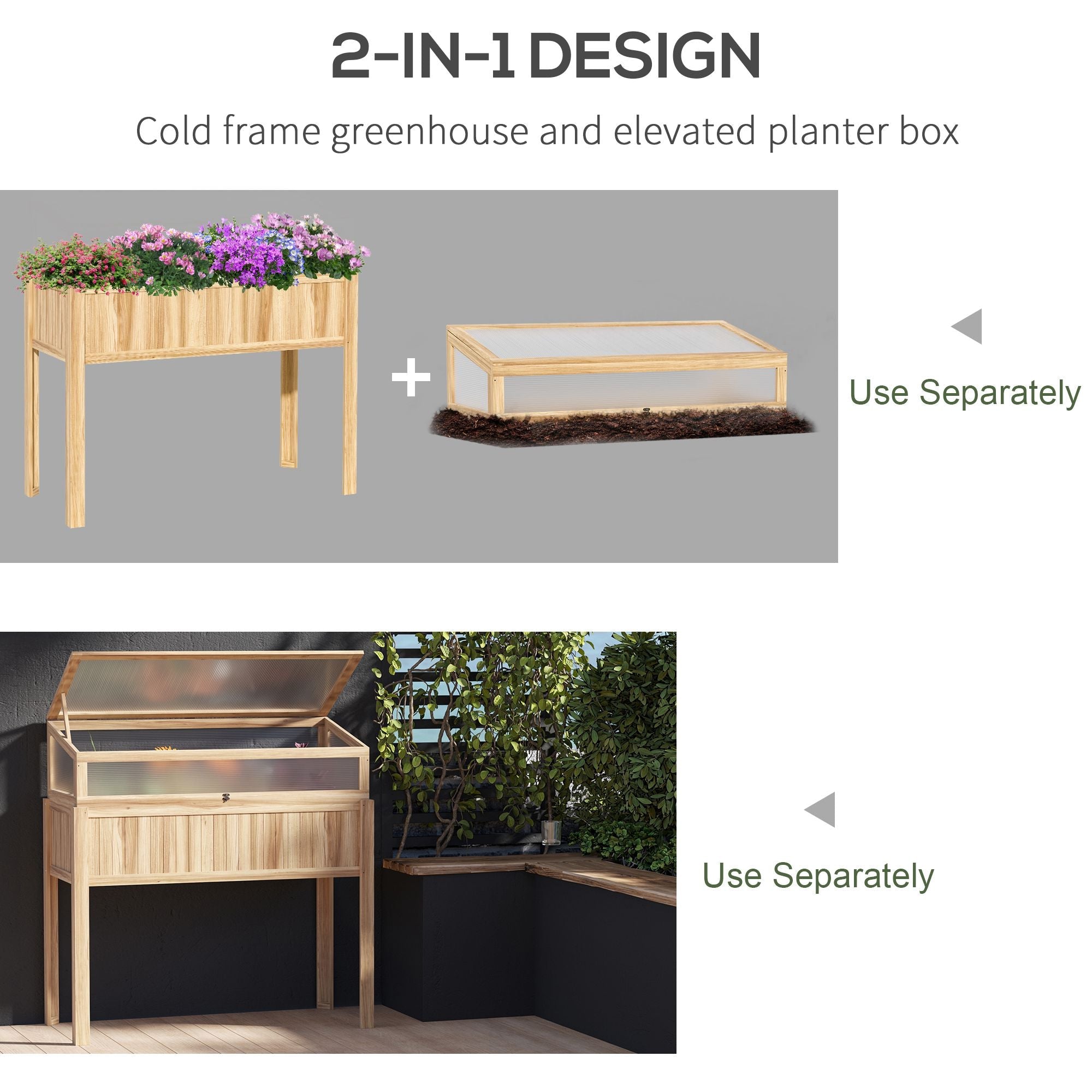 Outsunny Raised Garden Bed 2-IN-1 Wood Cold Frame Greenhouse with Elevated Garden Box, Openable Top for Flowers, Vegetables, Plants, Natural 
