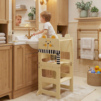 AIYAPLAY Toddler Step Stool, Standing Tower with Chalkboard, 3-in-1 Cat-Shaped Step Stool for Kitchen Counter, Natural 