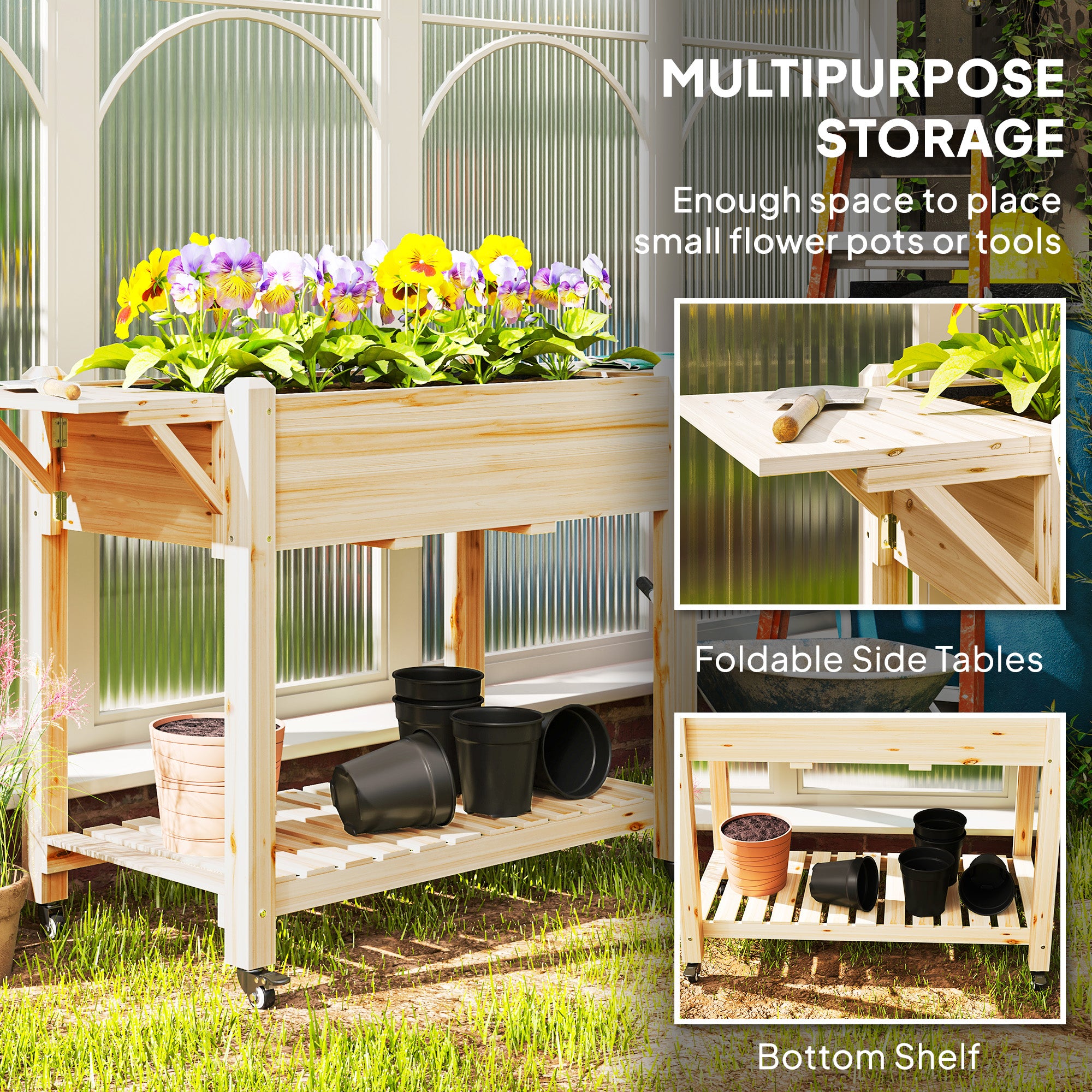 Outsunny Raised Garden Bed, Wooden Elevated Planter Box with Lockable Wheels, Side Tables and Bottom Shelf, Outdoor Planter with Liner and Drainage Holes for Vegetables, Flowers, Fruits, Natural