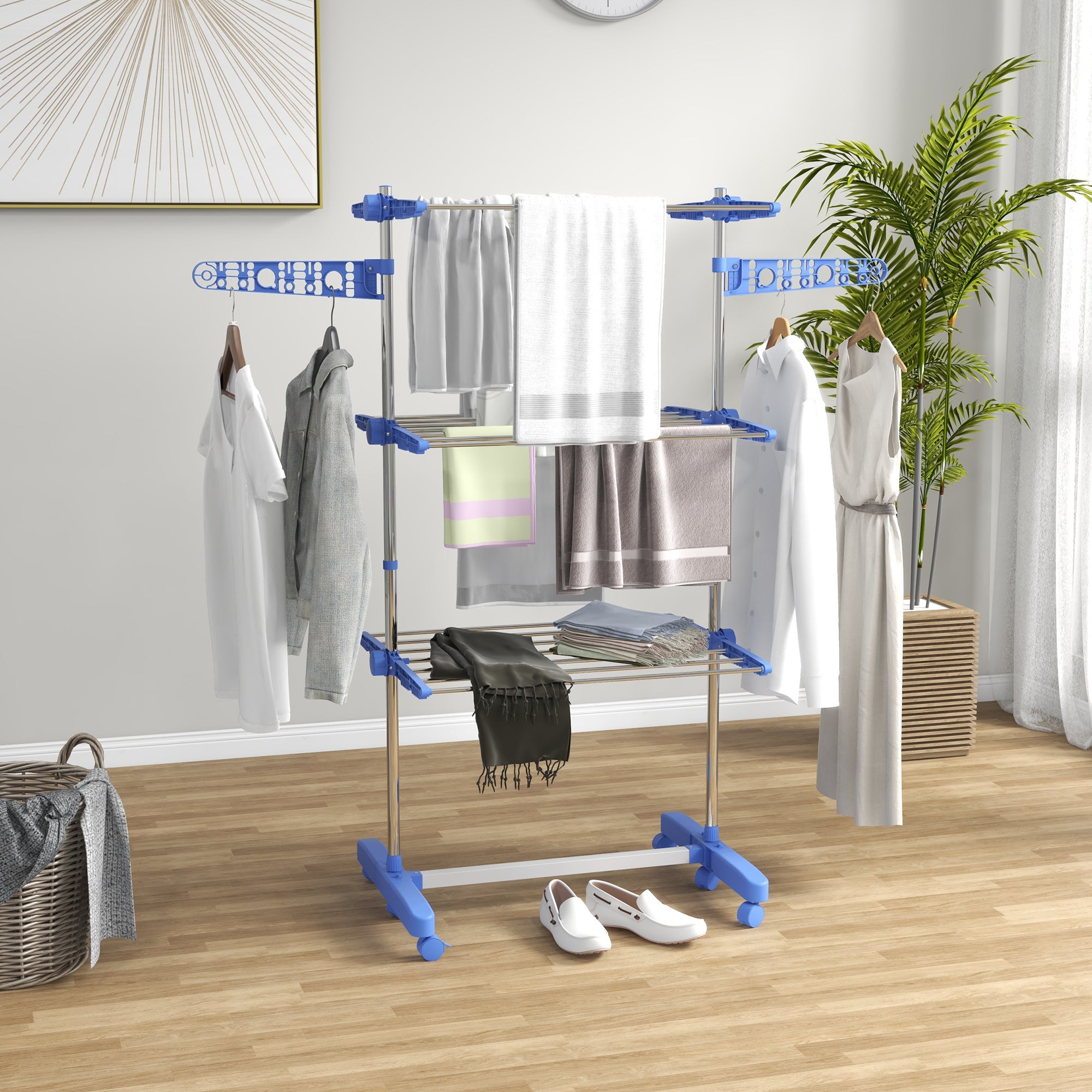 HOMCOM Three-Shelf Collapsing Clothes Horse, With Side Arms and Wheels - Blue 