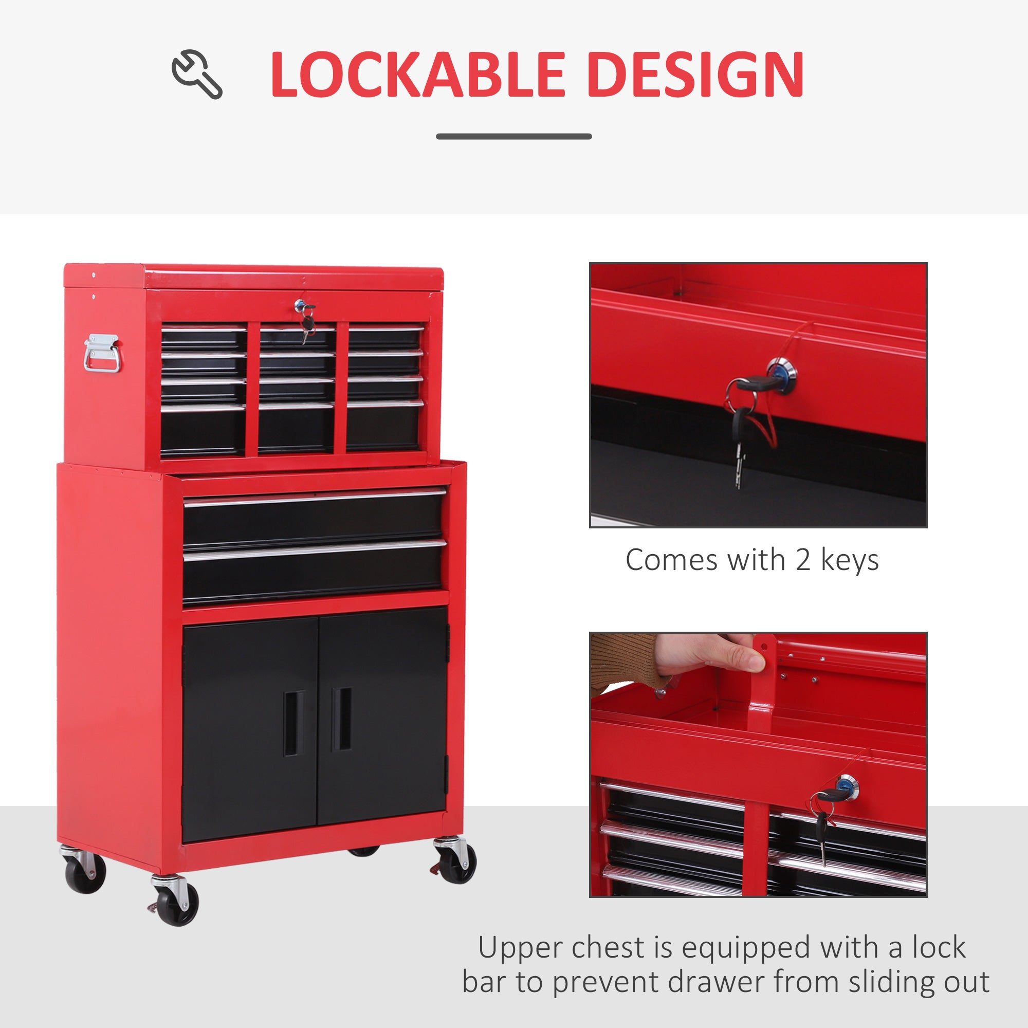 HOMCOM Tool Chest, Metal Tool Cabinet on Wheels with 6 Drawers, Pegboard, Top Chest and Roller Cabinet Combo, 61.6 x 33 x 108cm, Red and Black 