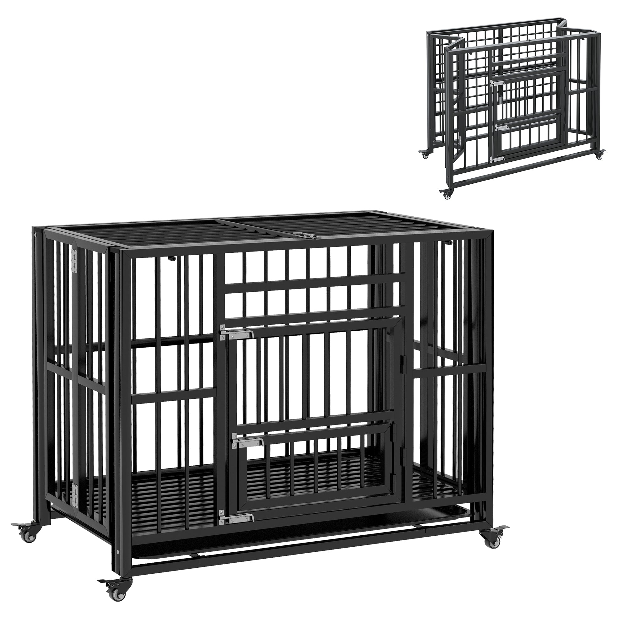PawHut 37" Heavy Duty Dog Crate, Foldable Dog Cage, with Openable Top, Locks, Removable Tray, Wheels - Black 