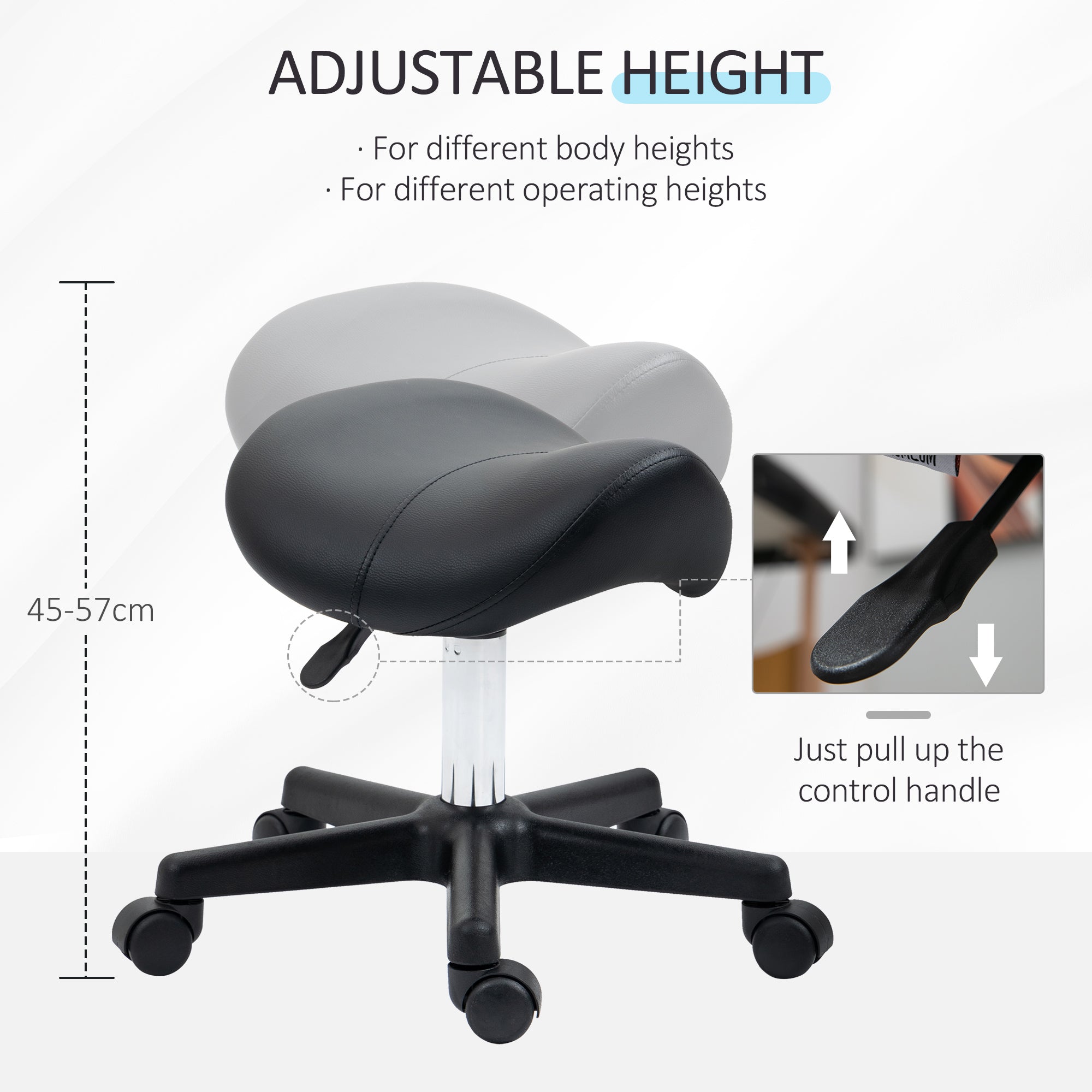 HOMCOM Saddle Stool, PU Leather Adjustable Rolling Salon Chair with Steel Frame for Massage, Spa, Beauty and Tattoo, Black 