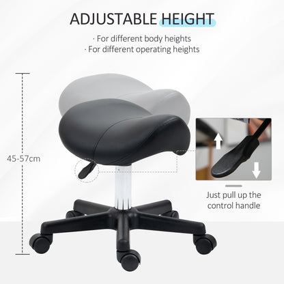 HOMCOM Saddle Stool, PU Leather Adjustable Rolling Salon Chair with Steel Frame for Massage, Spa, Beauty and Tattoo, Black 