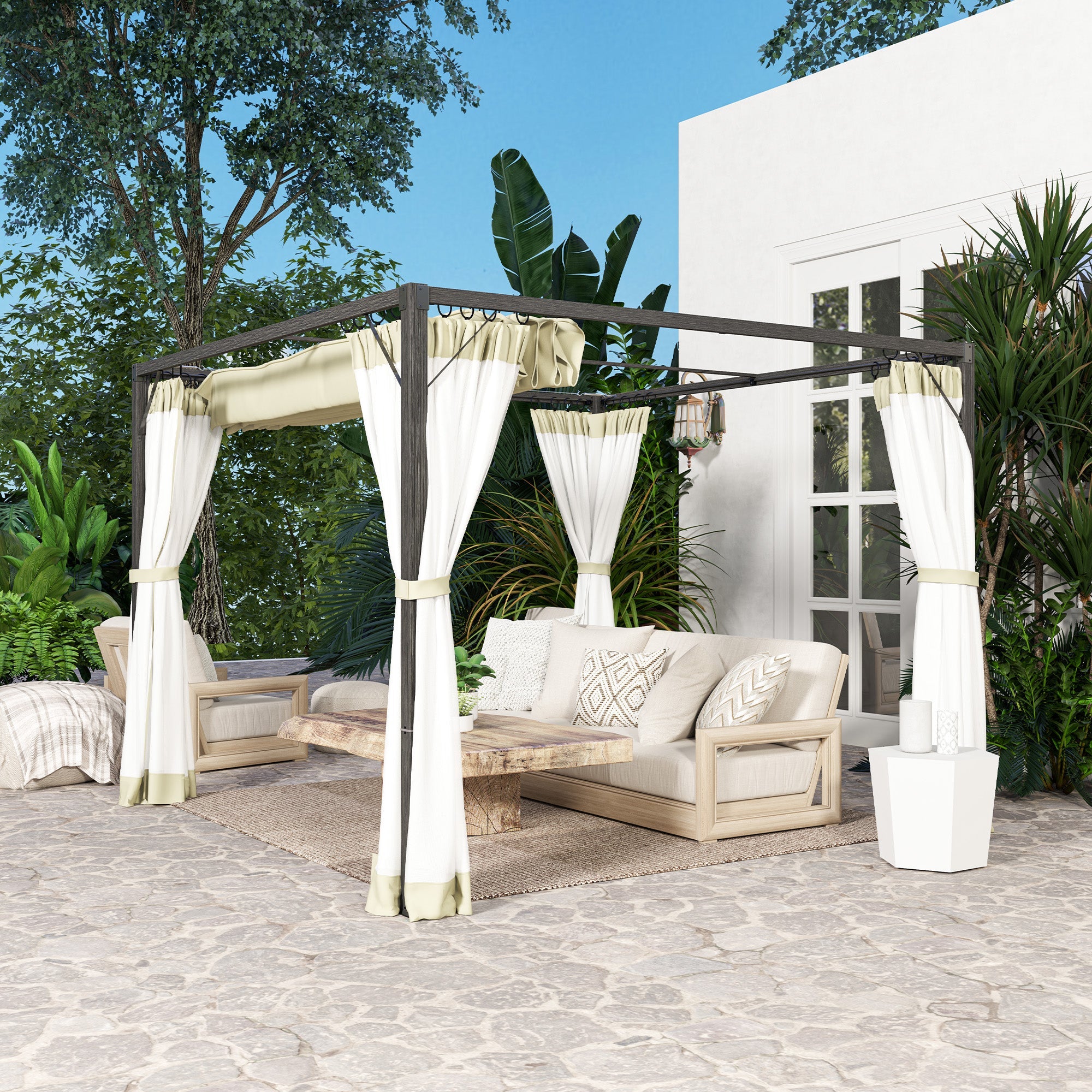 Outsunny 3 x 3m Aluminium Frame Pergola, with Retractable Roof - Khaki 