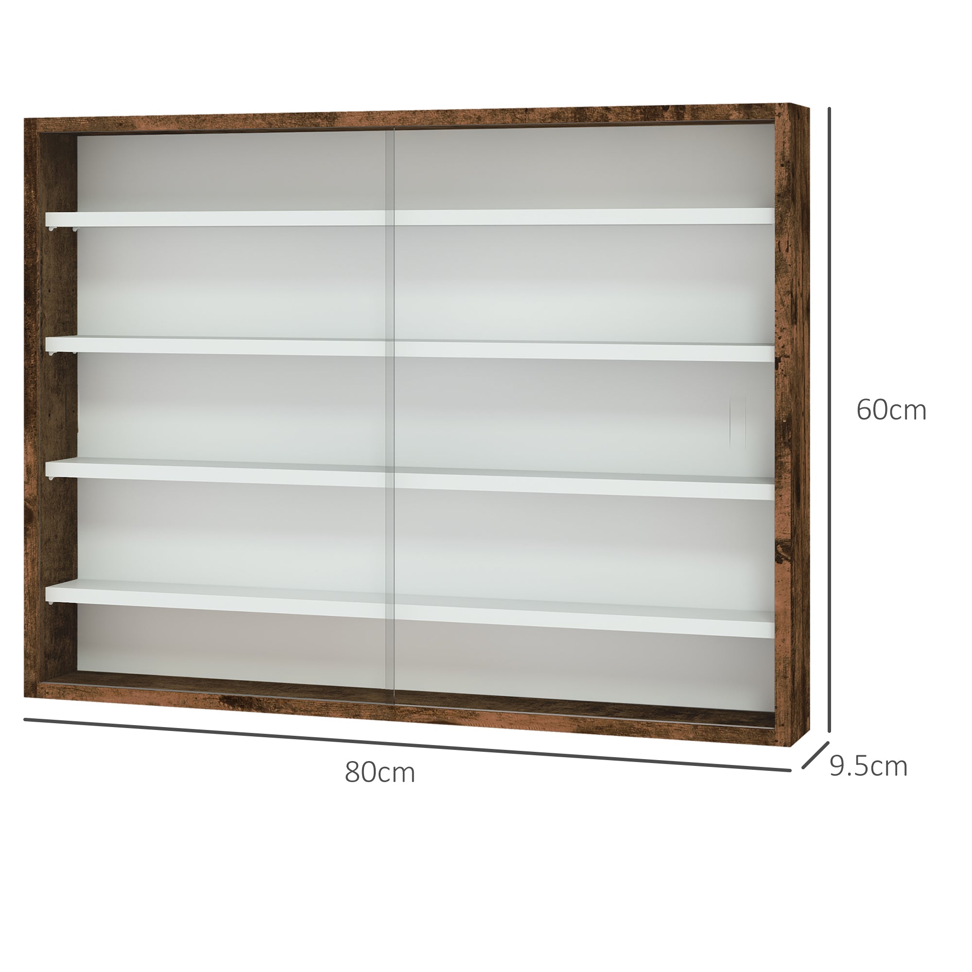 HOMCOM 5-Tier Wall Display Shelf Unit Cabinet w/ 4 Adjustable Shelves Glass Doors Home Office Ornaments 60x80cm Rustic brown 