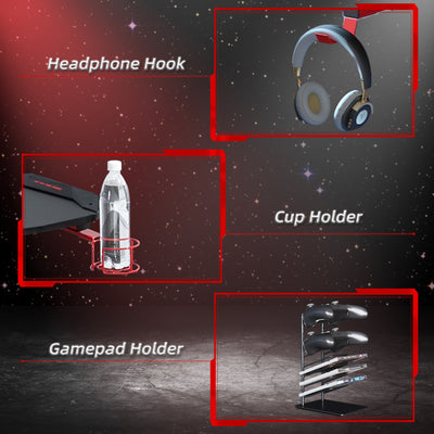 HOMCOM 122 x 66 cm Gaming Desk, Carbon Fibre Covered Computer Desk, Gamer Workstation with Headphone Hook, Cup Holder and Gamepad Storage Rack, Black and Red 