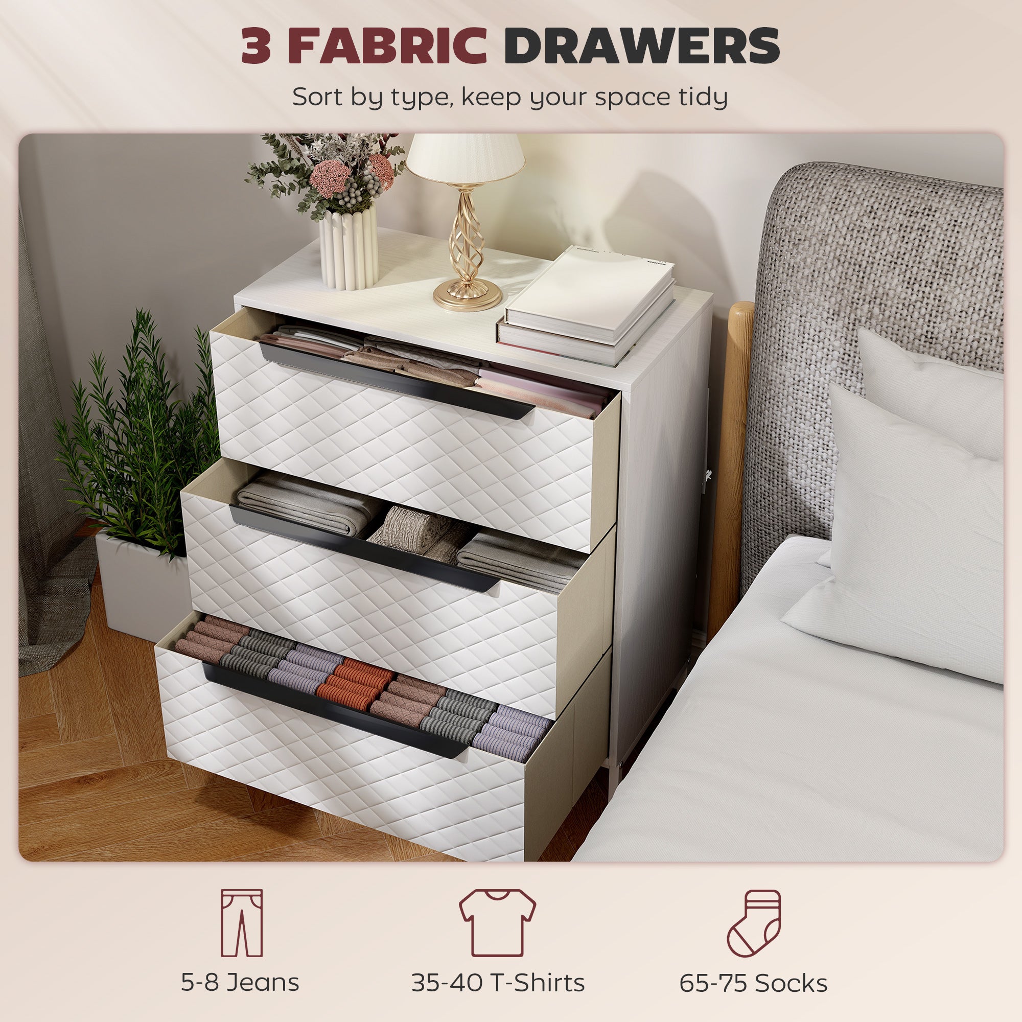 HOMCOM Chest of Drawers, Dresser with 3 Fabric Drawers and Aluminium Handles - White 