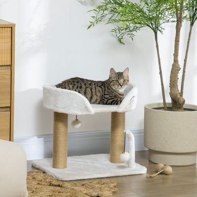 PawHut 42cm Indoor Cat Tree, with Toy Balls, Jute Scratching Post - White 