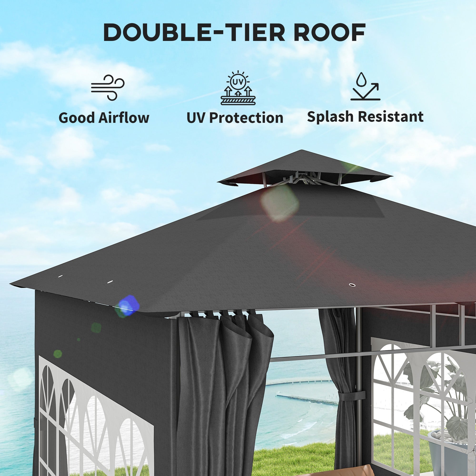 Outsunny 3 x 3 m Garden Gazebo, Double Roof Metal Gazebo with Removable Sidewalls and Church Windows, Outdoor Canopy Shelter, Dark Grey 