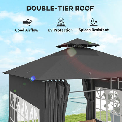 Outsunny 3 x 3 m Garden Gazebo, Double Roof Metal Gazebo with Removable Sidewalls and Church Windows, Outdoor Canopy Shelter, Dark Grey 