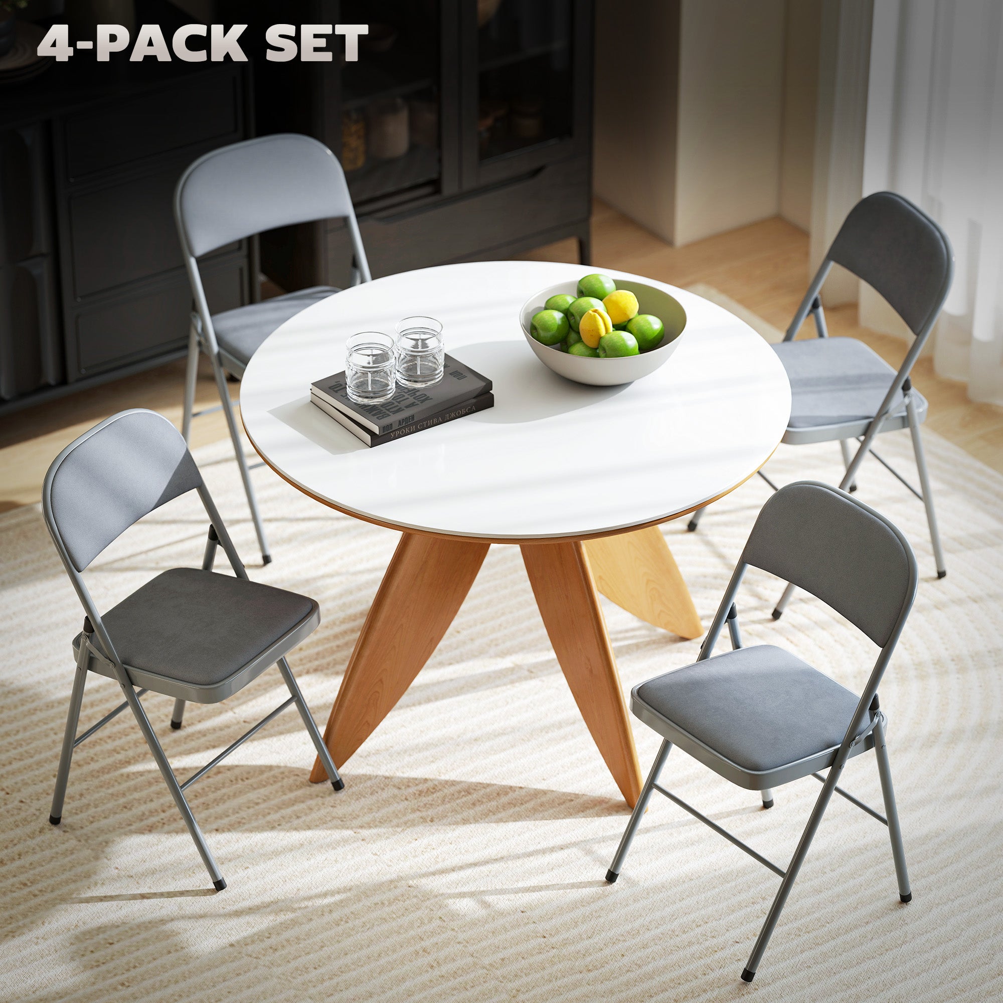HOMCOM 4 Pack Folding Chairs with Padded Seats, Velvet Portable Party Chairs with Steel Frame, Light Grey 