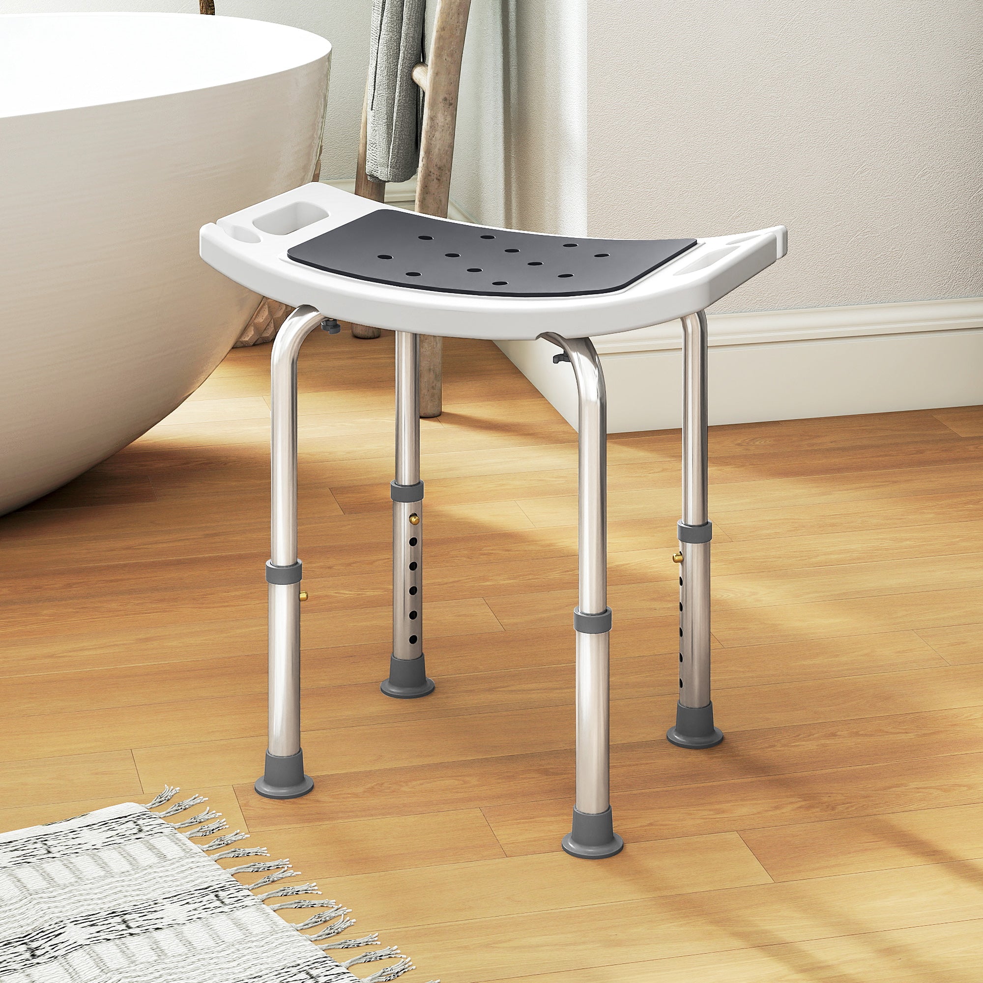 HOMCOM 6-Level Height Adjustable Aluminium Bath Room Stool Chair Shower Non-Slip Design w/ Padded Seat Drainage Holes Foot Pad, Grey