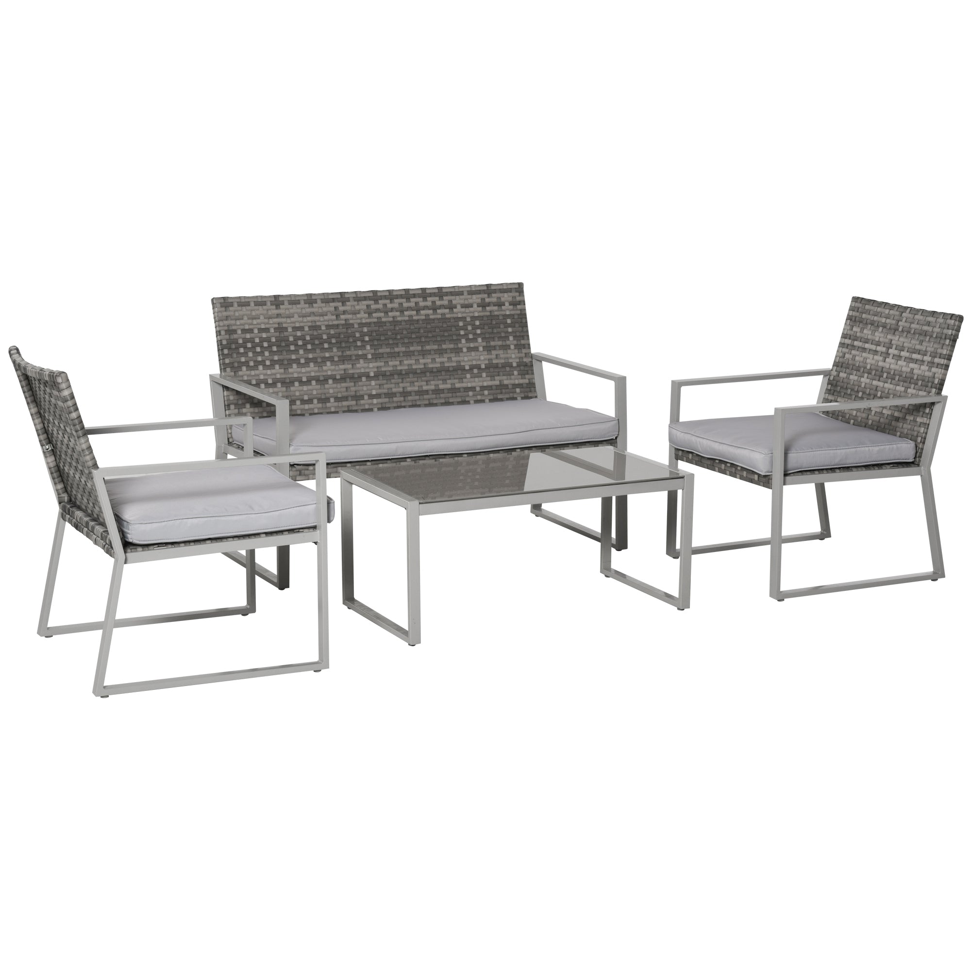 Outsunny 4PC Rattan Garden Furniture Set 2 Single Sofa Arm Chairs 1 Bench with Cushions & Coffee Table Patio Backyard Wicker Weave 