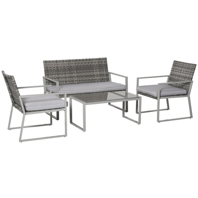 Outsunny 4PC Rattan Garden Furniture Set 2 Single Sofa Arm Chairs 1 Bench with Cushions & Coffee Table Patio Backyard Wicker Weave 