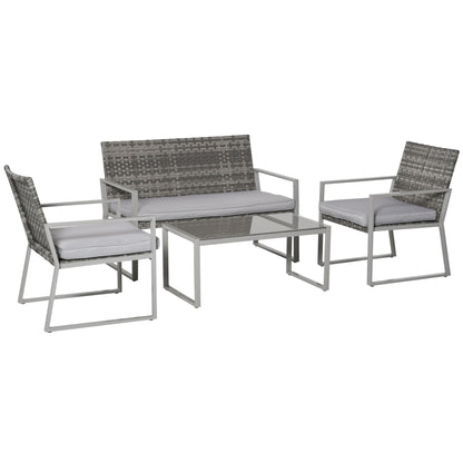 Outsunny 4PC Rattan Garden Furniture Set 2 Single Sofa Arm Chairs 1 Bench with Cushions & Coffee Table Patio Backyard Wicker Weave 