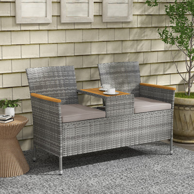 Outsunny Two-Seat Rattan Loveseat, with Wood-Top Middle Table - Grey 
