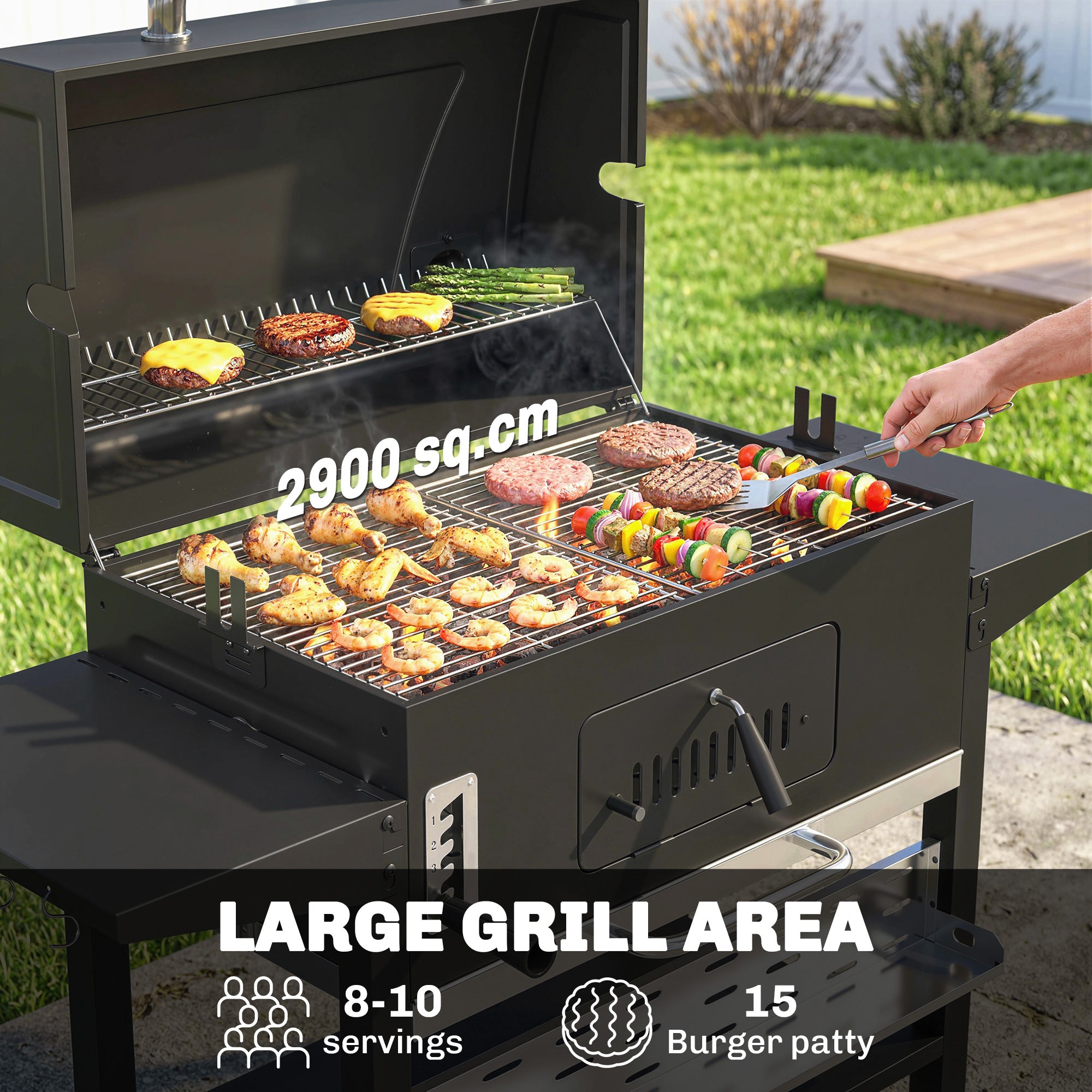 Outsunny Charcoal BBQ Grill Smoker with Electric Rotisserie Kit, Portable Barbecue Grill with Warming Rack, Black 