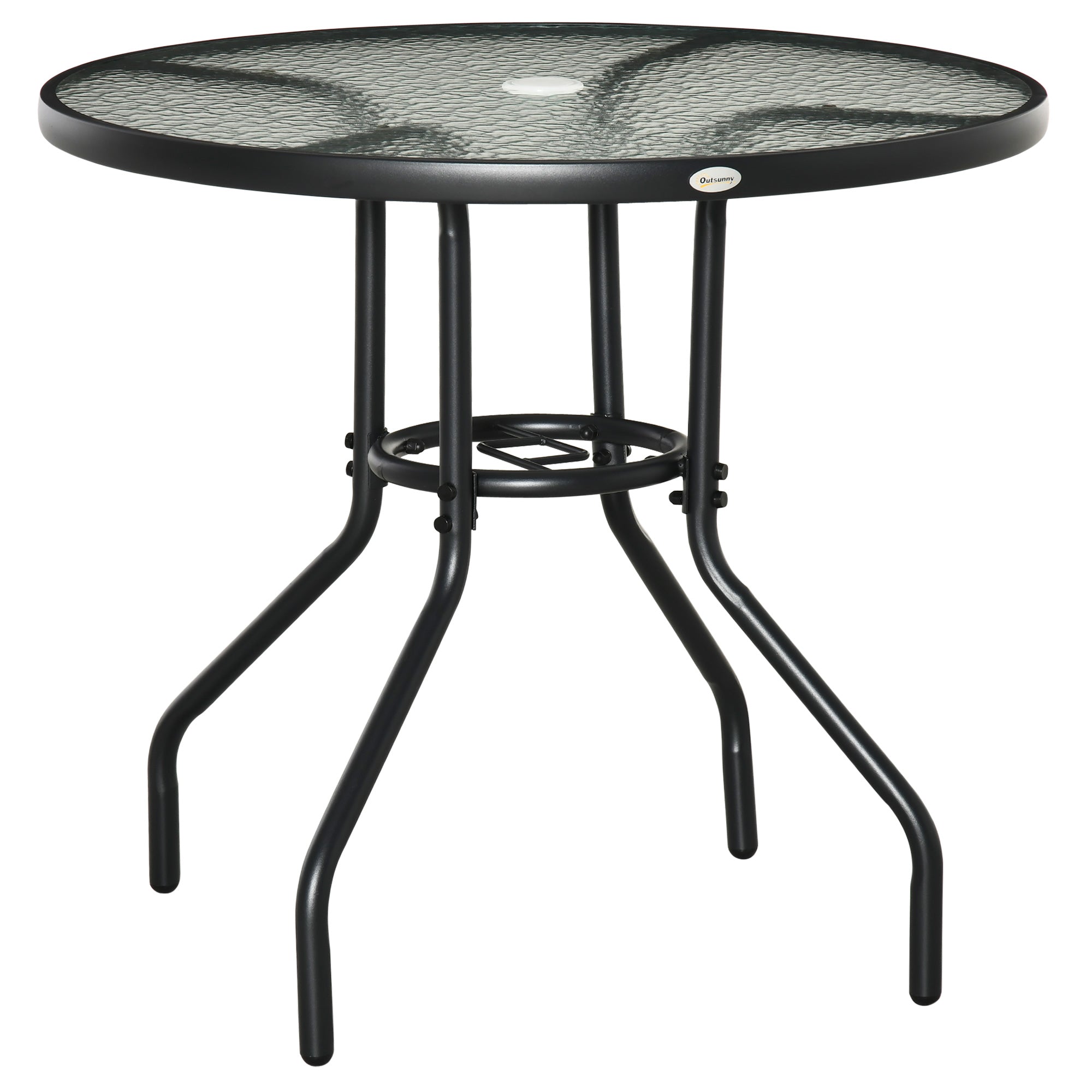 Outsunny Outdoor φ80cm Round Dining Table Tempered Glass Top Steel Frame Bistro Coffee End Side Table Garden w/ Parasol Hole 