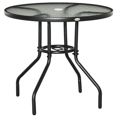 Outsunny Outdoor φ80cm Round Dining Table Tempered Glass Top Steel Frame Bistro Coffee End Side Table Garden w/ Parasol Hole 