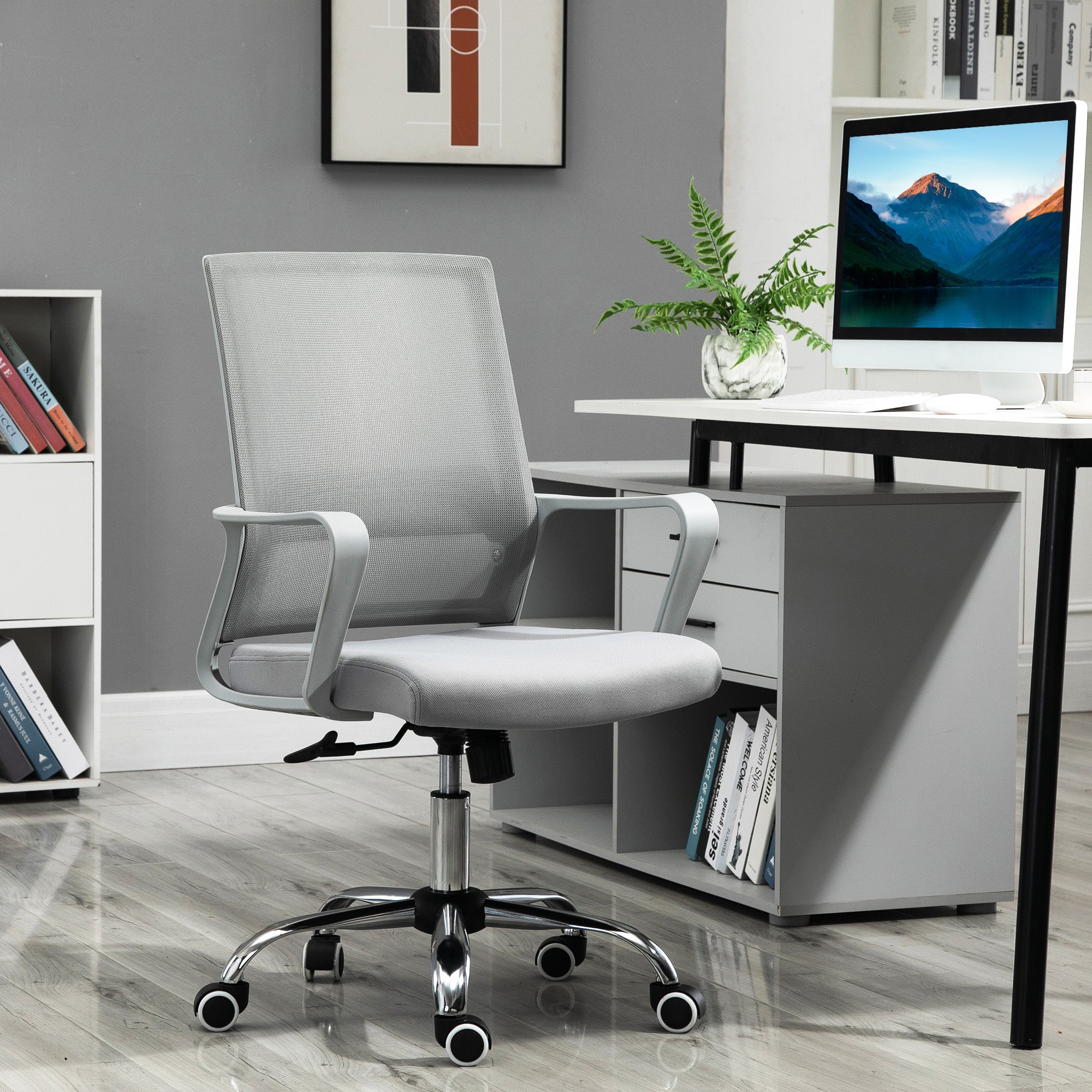 Vinsetto Ergonomic Desk Chair Mesh Office Chair with Adjustable Height Armrest and 360\'c2\'b0 Swivel Castor Wheels Grey