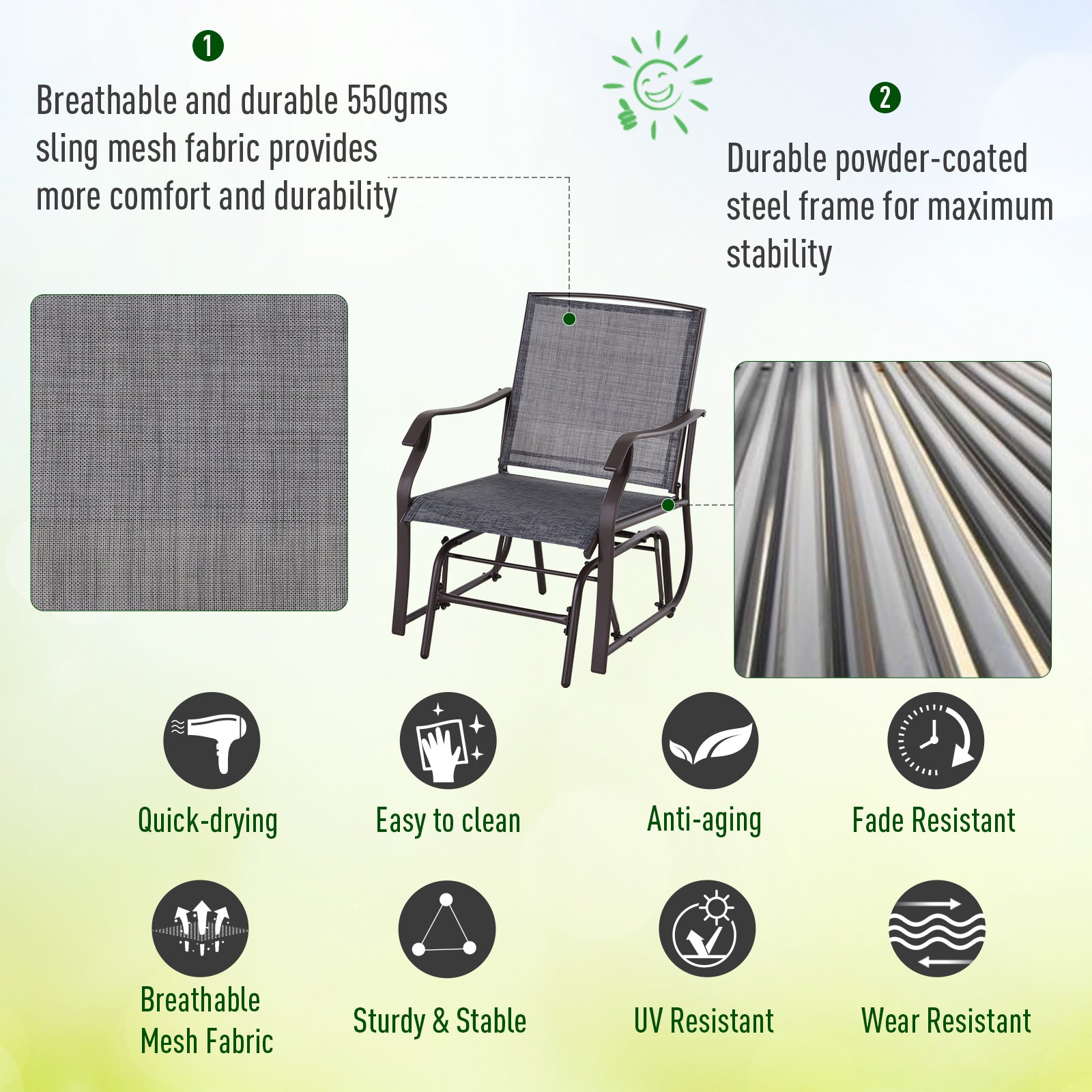 Outsunny Glider Rocking Chair & Table Set 2 Single Seaters Rocker Garden Swing Chair Patio Furniture Bistro Set Grey 