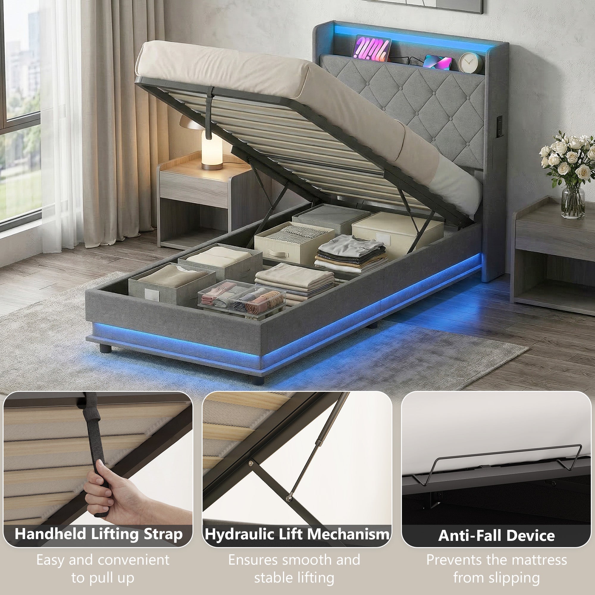 HOMCOM 3ft Single Bed Frame with Headboard, Platform Bed Frame with Hydraulic Storage, LED Lights and Charging Station, Grey 