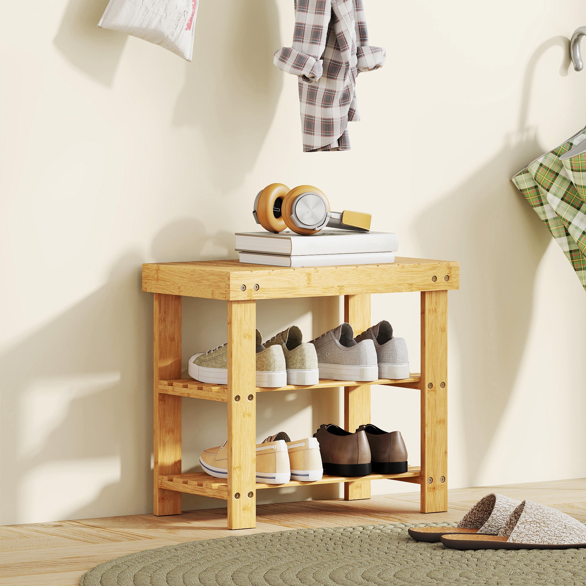 HOMCOM Two Shelf Bamboo Shoe Storage Bench - Natural Finish 